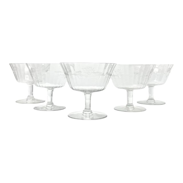 1910s Antique Fostoria “Lotus” 5 Etched Optic Footed Dessert Bowls For Sale