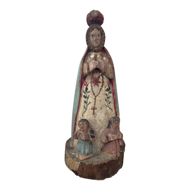 Vintage Hand-Carved Folk Art Madonna & Children Wood Sculpture – 12” Religious Devotional Figure For Sale