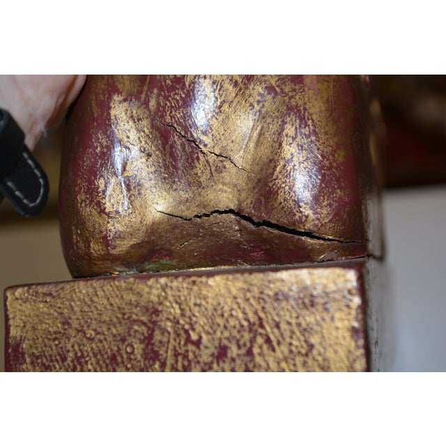 Pair Carved Wood Seated Rams Gold / Burgundy Wash For Sale - Image 14 of 14