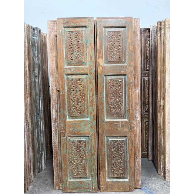 Mid-Century Modern Antique Hand-Carved Double Wooden Doors – Distressed Green Rustic Barn Doors 80x30 For Sale - Image 3 of 8