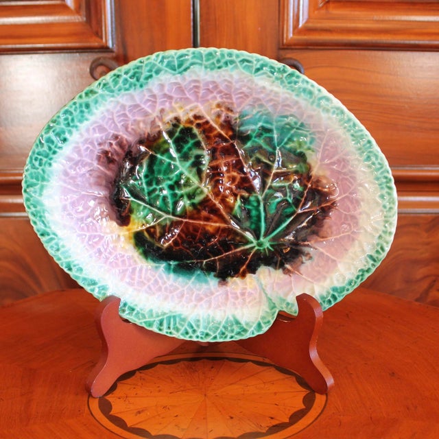 Large Antique Begonia Leaf Majolica Dish For Sale - Image 4 of 8