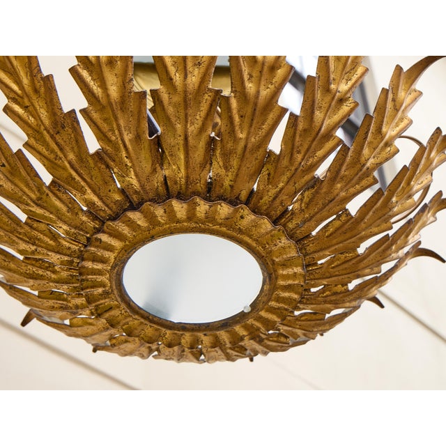 1950s Spanish Gilt Metal Leaf Light Fixture with Frosted Glass For Sale - Image 9 of 11