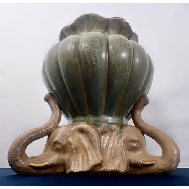 Hollywood Regency Vintage Hollywood Regency Celadon Triple Elephant Lotus Cachepot For Sale - Image 3 of 6
