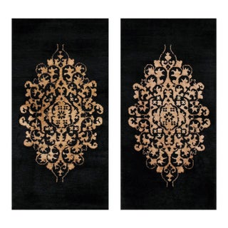 1920s Black Medallion Foliate Antique Pair of Chinese Art Deco Carpet 2' X 4' Knotted Wool Rugs For Sale