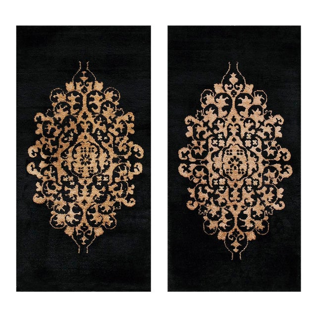 1920s Black Medallion Foliate Antique Pair of Chinese Art Deco Carpet 2' X 4' Knotted Wool Rugs For Sale