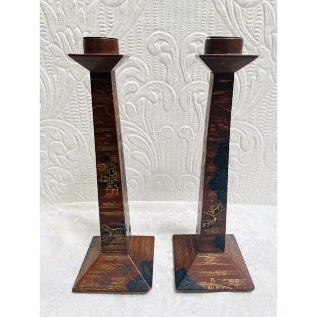 Japanese Pair of Antique 1890s Japanese Lacquer Candlesticks For Sale - Image 3 of 11