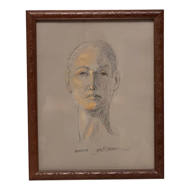 Mid-Century Modern Mid-Century Modern Female Portrait Original Pen and Ink Pastel Drawing by John P. Coleman For Sale - Image 3 of 15