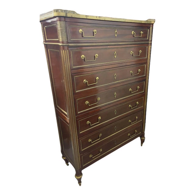 Tall Mahogany Chest of Drawers with Bronze Trim and White Marble Top For Sale