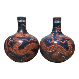 A Pair of Chinese Ceramic Vase Ming Dynasty Xuande Marked Blue Ground Famille Verte Porcelain Tianqiu Vase Hand Painted Dragon Pattern For Sale