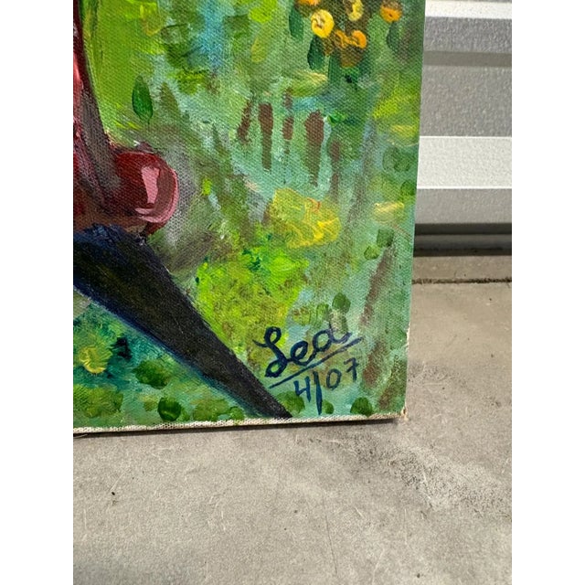 Original 1970s folk art signed oil painting by the artist Sea, marked 4/07. This expressive village scene features two...