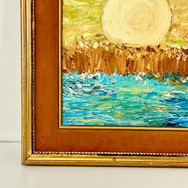 This is a striking Impressionist Original Oil Painting from the 1970s. It features a large sun rise over turquoise sea...