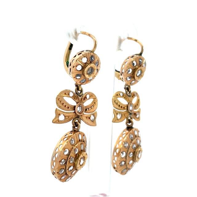 Mid 20th Century Pair of 14k Rose Gold White Sapphire Circle & Bow Cluster Drop Earrings For Sale In New York - Image 6 of 10