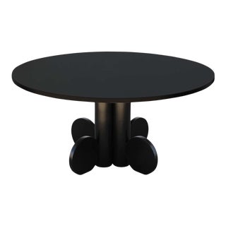 Custom Post Modern Round Black Stained Oak Dining Table with Abstract Base For Sale