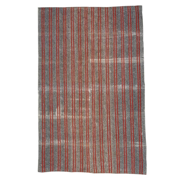 1960s Vintage Red & Gray Striped Kilim Rug- 7′ × 11′1″ For Sale