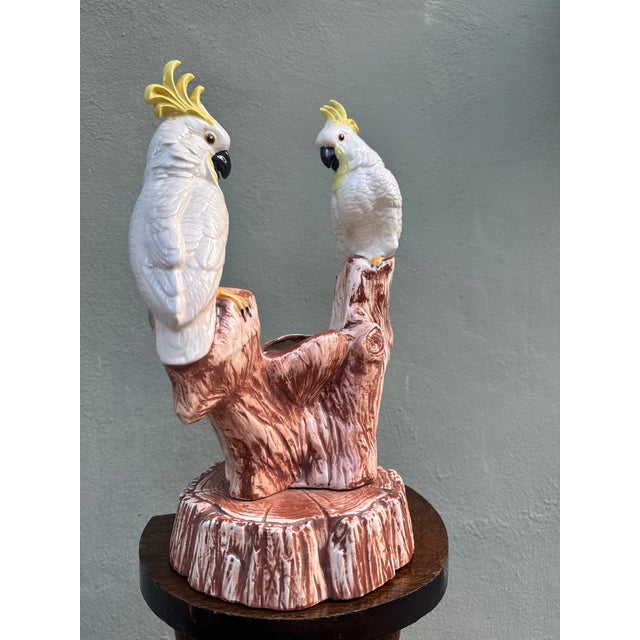 Antique White Vintage Italian Majolica Ceramic Cockatoo Planter on a Branch Stump For Sale - Image 8 of 9