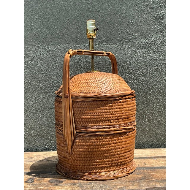 Wood Vintage Woven Rattan Basket Lamp For Sale - Image 7 of 12