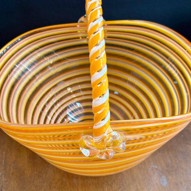 Vintage Art Glass Basket Bowl by Block Crystal – Orange White Striped Murano Style Hand Blown Glass Basket – Decorative Glass Centerpiece For Sale In Miami - Image 6 of 9