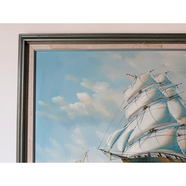 1970s Vintage Sailing Ship Seascape Oil on Canvas Painting, Framed For Sale In Miami - Image 6 of 12