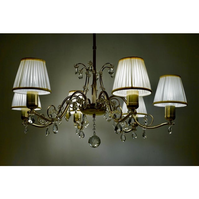 Metal Brass 6-Arm Chandelier with Cream Silk Shades, Austria, 1940s For Sale - Image 7 of 14