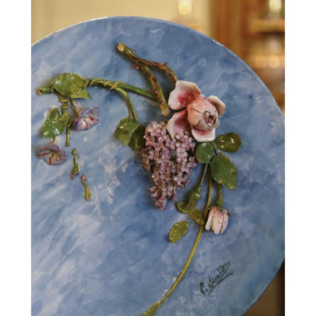 French Mid-Century French Hand Painted Ceramic Barbotine Floral Platter, Signed Lefranc For Sale - Image 3 of 7