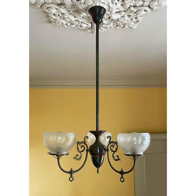 Victorian Chandelier Antique Brass With Etched Glass Shades For Sale - Image 3 of 3