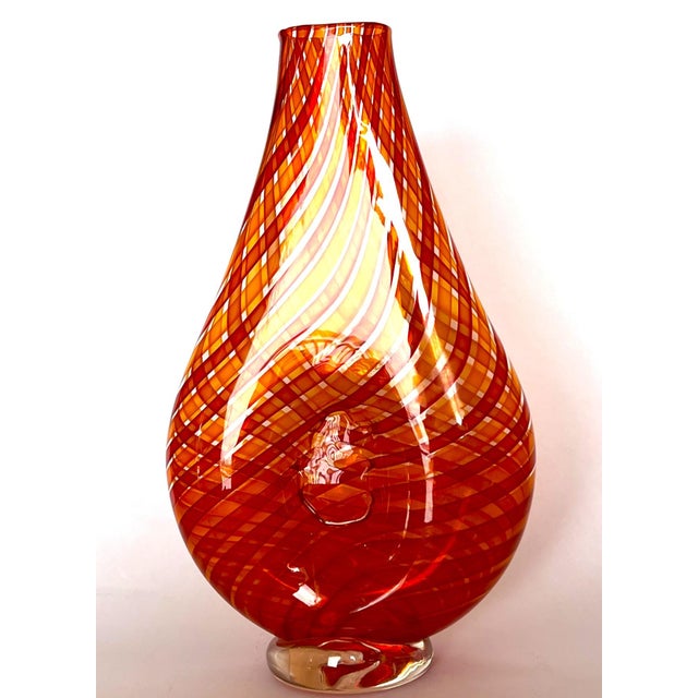Glass Handblown Art Glass With Reticello Pattern in Tangerine and Red in Murano Style For Sale - Image 7 of 14