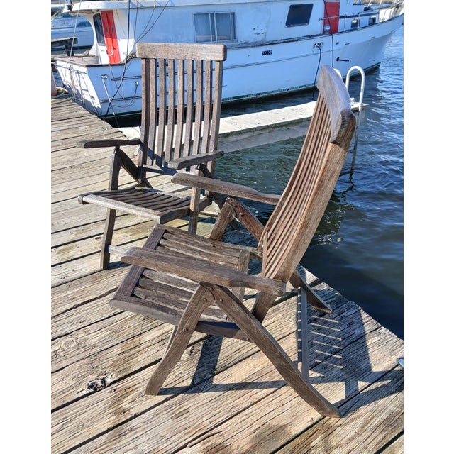 Vintage Teak Folding Lounge Deck Arm Chairs - Set of 2 For Sale - Image 9 of 12