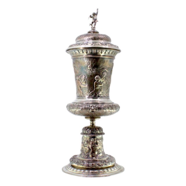 Silver Urn with Engravings and Reliefs For Sale