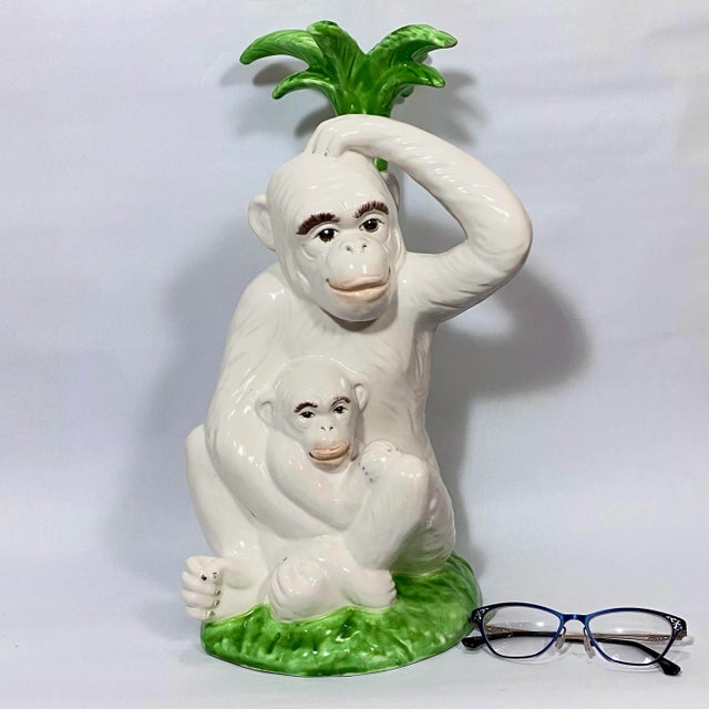 Vintage Majolica Monkey Pair With Palm Tree, Italy, 16” Tall For Sale - Image 9 of 12