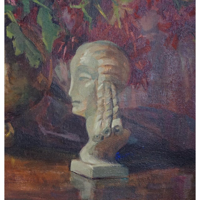 Mid Century Still Life With Burgundy and White African Daisies & Statue by M Michael For Sale - Image 4 of 6