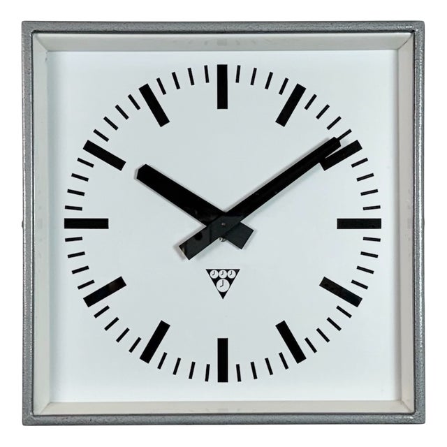 Industrial Grey Square Wall Clock from Pragotron, 1980s For Sale