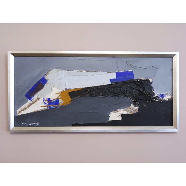 BLUE ECHOES Oil on board Size: 13.6 x 28.7 inches (including frame) A striking mid-century abstract composition that...