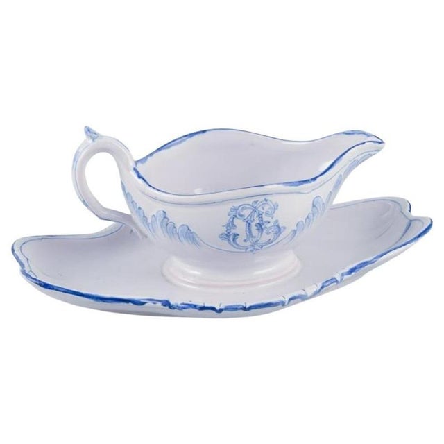 Emile Gallé for St Clement, Nancy. Sauce boat on base in hand-painted earthenware. Decorated with flowers. 1870s/80s. In...