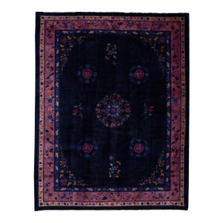 Antique Art Deco Dark Indigo Chinese Wool Rug 9 Ft X 11 Ft 10 In. For Sale
