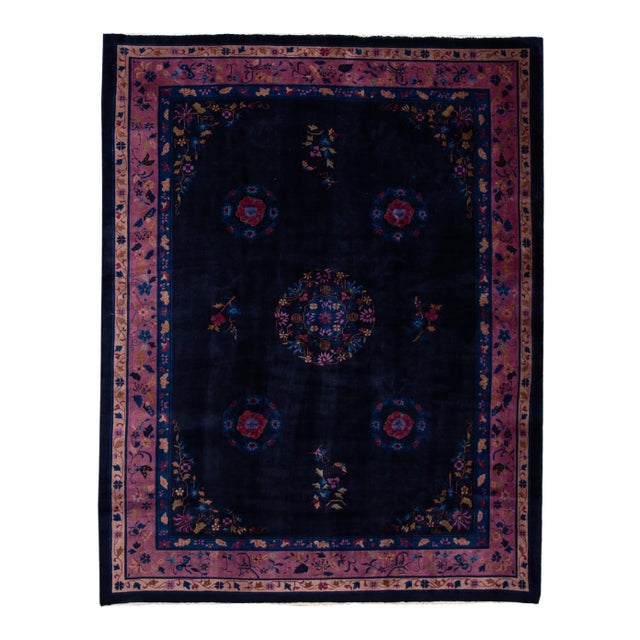 Antique Art Deco Dark Indigo Chinese Wool Rug 9 Ft X 11 Ft 10 In. For Sale