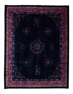 Antique Art Deco Dark Indigo Chinese Wool Rug 9 Ft X 11 Ft 10 In.