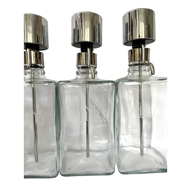 Vintage Mid-Century Etched Glass & Chrome Liquor Dispenser Bar Bottles — Set of 6 For Sale In Jacksonville, FL - Image 6 of 13
