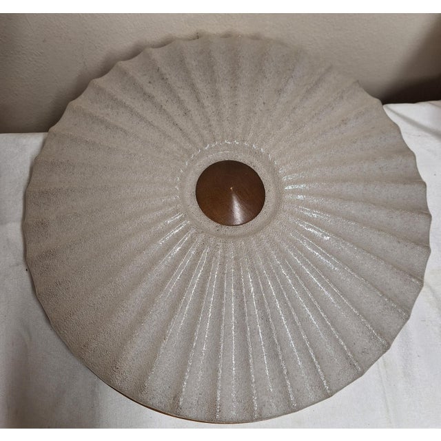 Vintage Ceiling Lamp with a Round, Segmented Plastic Shade in an Ice Glass Look on a Brown Plywood Mount, 1970s For Sale - Image 6 of 7