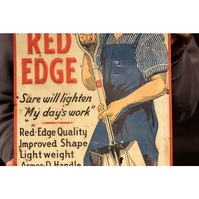 1930s Vintage "Red Edge" Shovels Embossed Tin Advertising Sign For Sale - Image 5 of 5