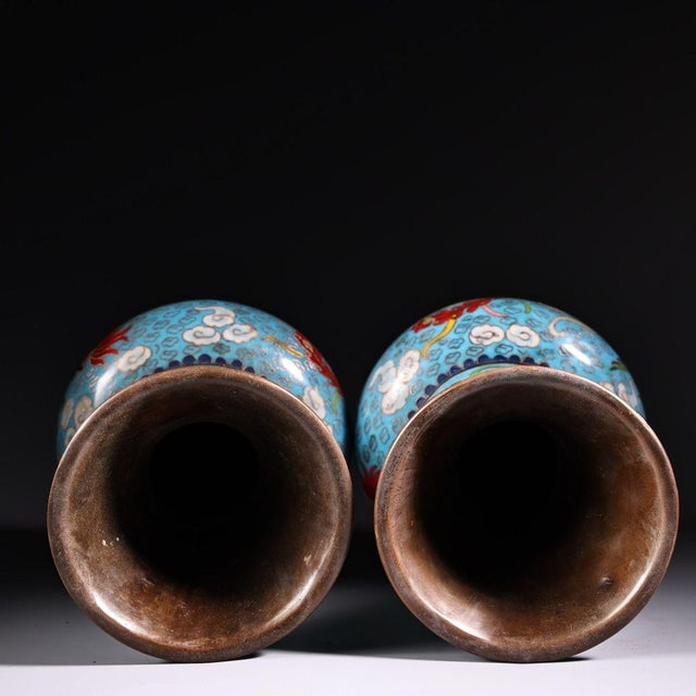 Pair of Cloisonne Enamel Vases – 11.8" Dragon & Phoenix Baluster Form With Qianlong Mark For Sale - Image 9 of 9