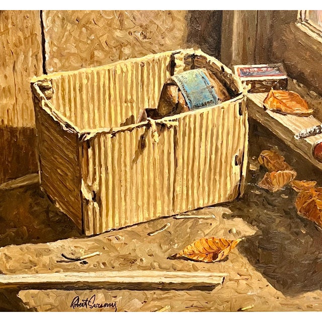 Tan Robert Sarsony, Vintage Americana Oil Painting, "Paper Box" Robert Sarsony, Aca Gallery For Sale - Image 8 of 11