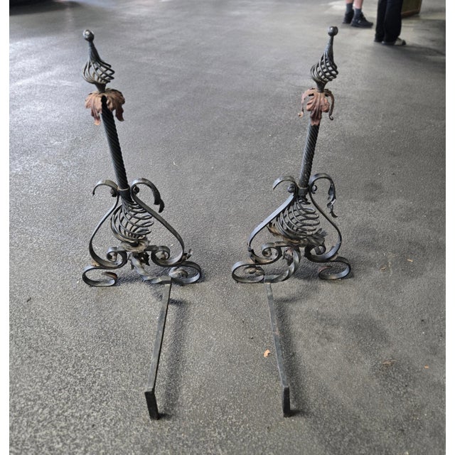 Large Mizner Style Turn of the Century Wrought Iron Andirons For Sale - Image 9 of 9