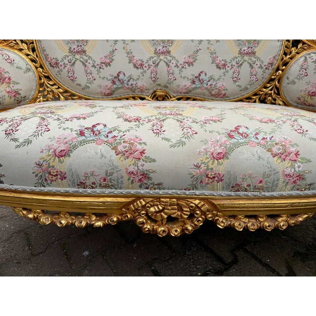Wood 1970 French Louis XVI Gold Beech Damask Settee 1pc For Sale - Image 7 of 12