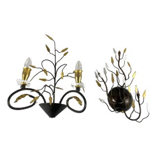 Vintage Art Wall Sconces in Black and Gold Wrought Iron, Italy, 1970, Set of 2 For Sale
