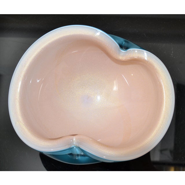 Italian Murano Clear Turquoise Blue & Light Peach Blown Art Glass Bowl 1960 For Sale In Miami - Image 6 of 13