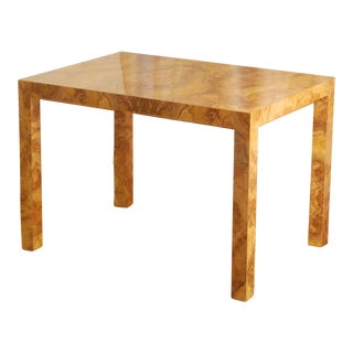 1970s Mid-Century Wide Burl-Wood Patterned Laminate Parsons Console Table For Sale
