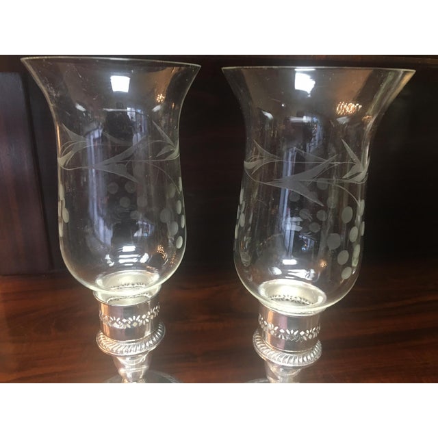 Glass Gorham Sterling Silver Weighted Gadrooned Candleholder Pair W/ Glass Hurricanes For Sale - Image 7 of 10