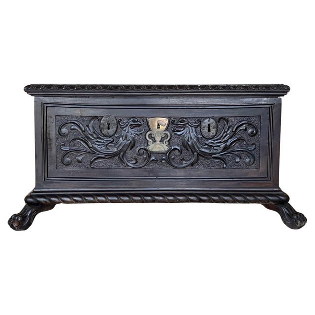 19th Century Spanish Carved Cassone Trunk with Original Hardware and Three Locks For Sale - Image 15 of 18