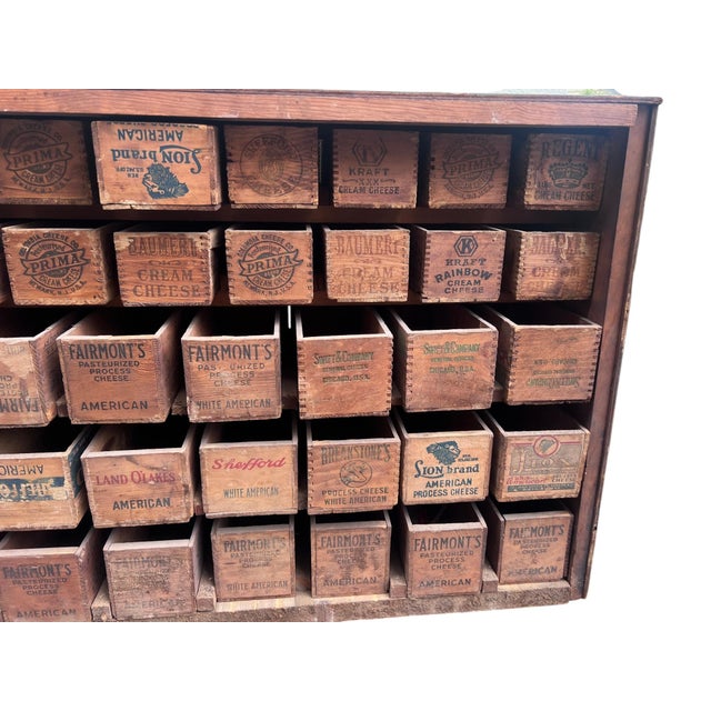 Mid 20th Century Primitive Industrial Parts Cabinet Handmade Wooden Cheese Box Drawers For Sale - Image 15 of 18