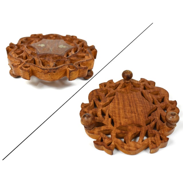 Late 20th Century Hand Carved Floral Design Wooden Inlaid Brass Footed Trivets - 3 Pieces For Sale - Image 6 of 11